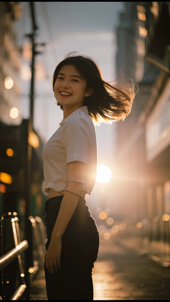 1 girl, 20 years old, (laughing:0.7), posing, look at a camera, complex city background, backlit, (cinematic:1.5), hyperdetailed, insane details, intricate details, accent lighting, soft volumetric light, bokeh, (dramatic light:1.2), (neutral colors:1.3), cross process