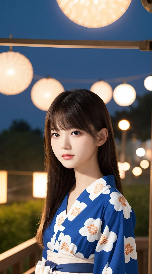 Tabletop、masterpiece、One Girl、Front view from the front、Japanese、Very young and pretty woman、(The cutest girl in the world)、-yeld st your face smaller、Attractive person、Super cute face、Glossy Lips、Double eyelids on both eyes、 Natural Makeup、Long eyelashes、Black Hair、Asymmetrical Bangs、Center image、8k resolution、Advanced Details、Detailed hairstyle、Detailed face、Great cinema lighting、Vibrant、Ultra-realistic、Perfect limbs、Perfect Anatomy、Against the background of fireworks、Wearing a yukata、View from the waist up、