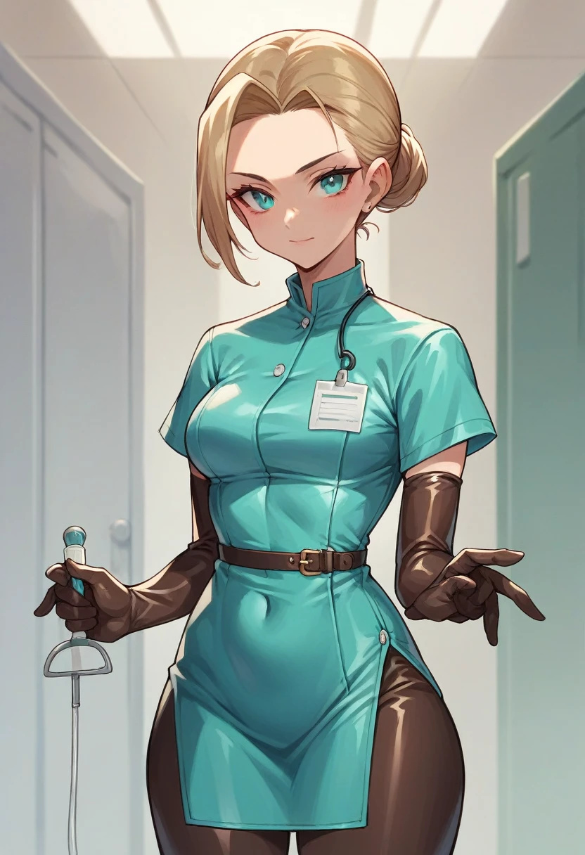 1girl, ((brown elbow gloves)), ((surgical gloves)), ((latex gloves)), ((long sleeves)) ((cyan surgeon outfit)), looking at viewer, ((cyan doctor outfit)), standing, solo