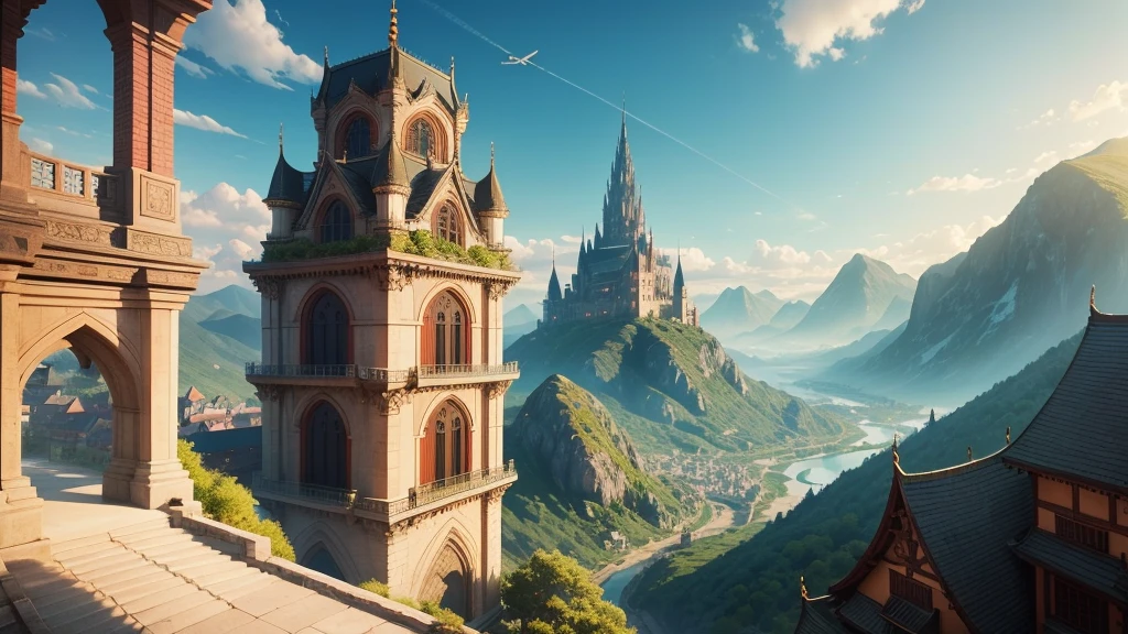 Create an image of the city protected by the Dragon Clan. The city should be depicted with grand, dragon-themed architecture, including tall towers with dragon sculptures, ornate gates, and buildings adorned with dragon motifs. The setting should be nestled within a mountainous landscape, with lush greenery and a clear, blue sky. Dragons can be seen flying above the city, and the atmosphere should be vibrant and bustling with activity."