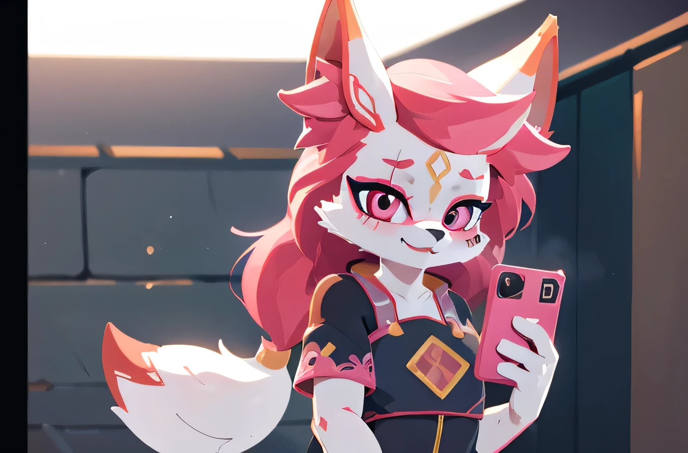 kimiko, furry female anthro, fox girl, white body fur, Pink hair, solo, body fur, (best quality), cinematic lighting, masterpiece, perfect hair, selfie, happy, selfie on the background of a fox statue