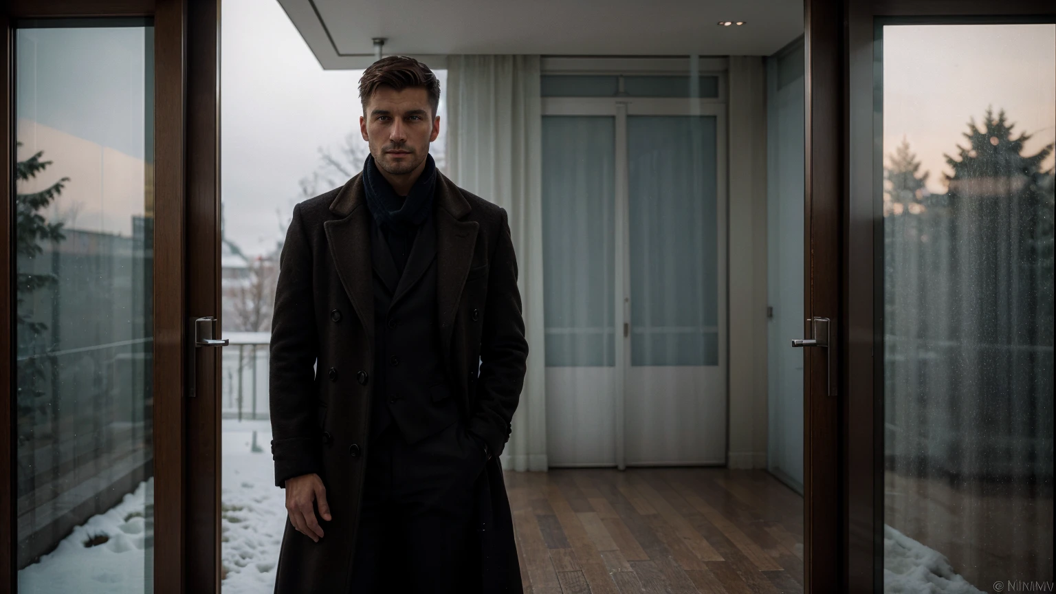 Dmitry Ivanov photographed in his luxurious home in Moscow, standing in front of a large window showing a well-kept garden. with overcoat and scarf on street corner, wearing an overcoat, wearing an overcoat, wearing a light brown overcoat, wearing an overcoat, wearing a long beige overcoat, handsome man, overcoat and suit, overcoat, handsome man, overcoat, he's wearing a black overcoat, winter, snow, moscow, motherboard, realistic, HD, sharp, rich details, ultra detailed, ultra textures, highest resolution, highest contrast, highest quality models, local light, down light, side light, leaky light, back light, edge light, film light, depth of field, bokeh, cinematic, panorama, full size. 8 k, ultra realisti