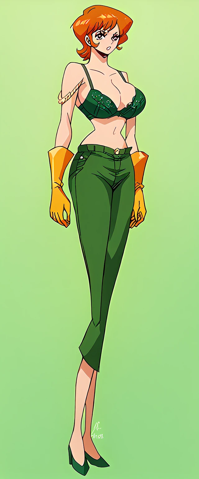A sexy woman, sensual, beautiful beauty, big breast, short orange hair, squares her brown eye, wearing a green bra and dark green metallic pants, green heels, and a yellow glove.