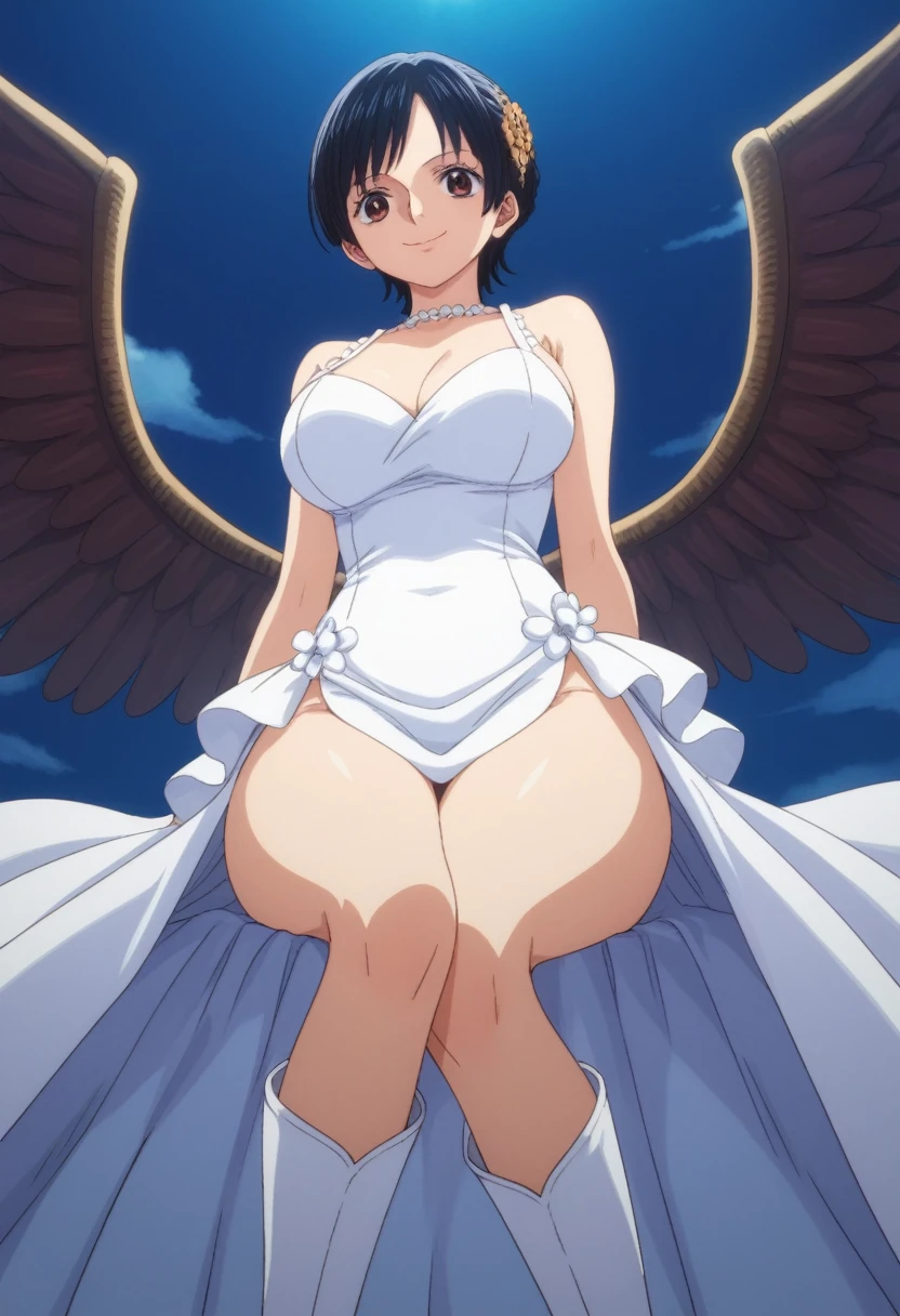 score_9, score_8_up, score_7_up, best quality, masterpiece, source_anime, anime screencap, one_piece_wano_style, clear face, 1girl, solo, black hair, elegant short hair, brown eyes, large breasts, wings on her back, bodysuit white, one-piece dress, clevage, outdoor, smile, looking at viewer, thigh high boots, Bare thighs