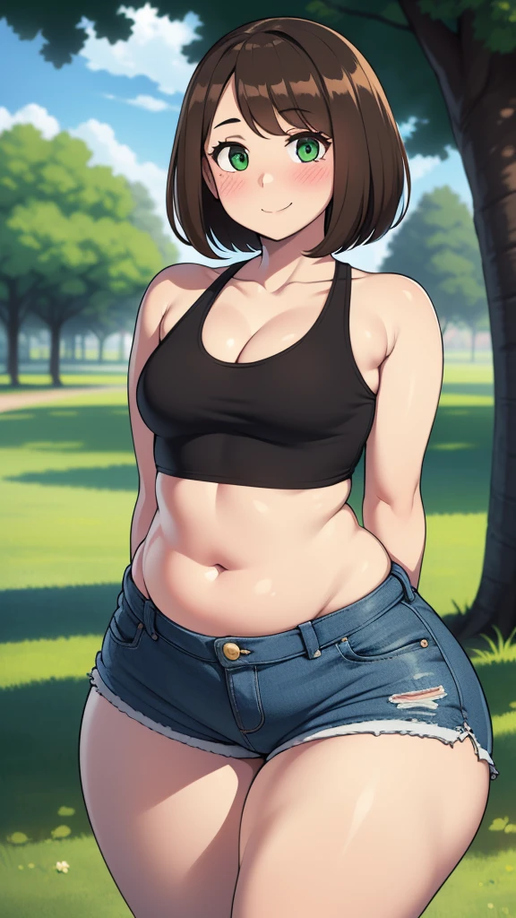 ((highres)), Masterpiece, high quality, best quality, beautiful, perfect lighting, detailed face, ultra cute face, ((1girl)), ((solo), short fluffy brown hair, green eyes, ((blush)), sweet smile, looking at viewer, arms behind back, standing in a park, (park), daytime, crop top, shorts, (((thick thighs))), (wide hips), cleavage, (small breasts), chubby, 20 year old female, 