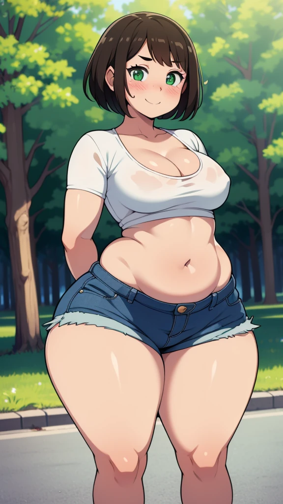 ((highres)), Masterpiece, high quality, best quality, beautiful, perfect lighting, detailed face, ultra cute face, ((1girl)), ((solo), short fluffy brown hair, green eyes, ((blush)), sweet smile, looking at viewer, arms behind back, standing in a park, (park), daytime, crop top, shorts, (((thick thighs))), (wide hips), cleavage, (small breasts), chubby, 20 year old female,
