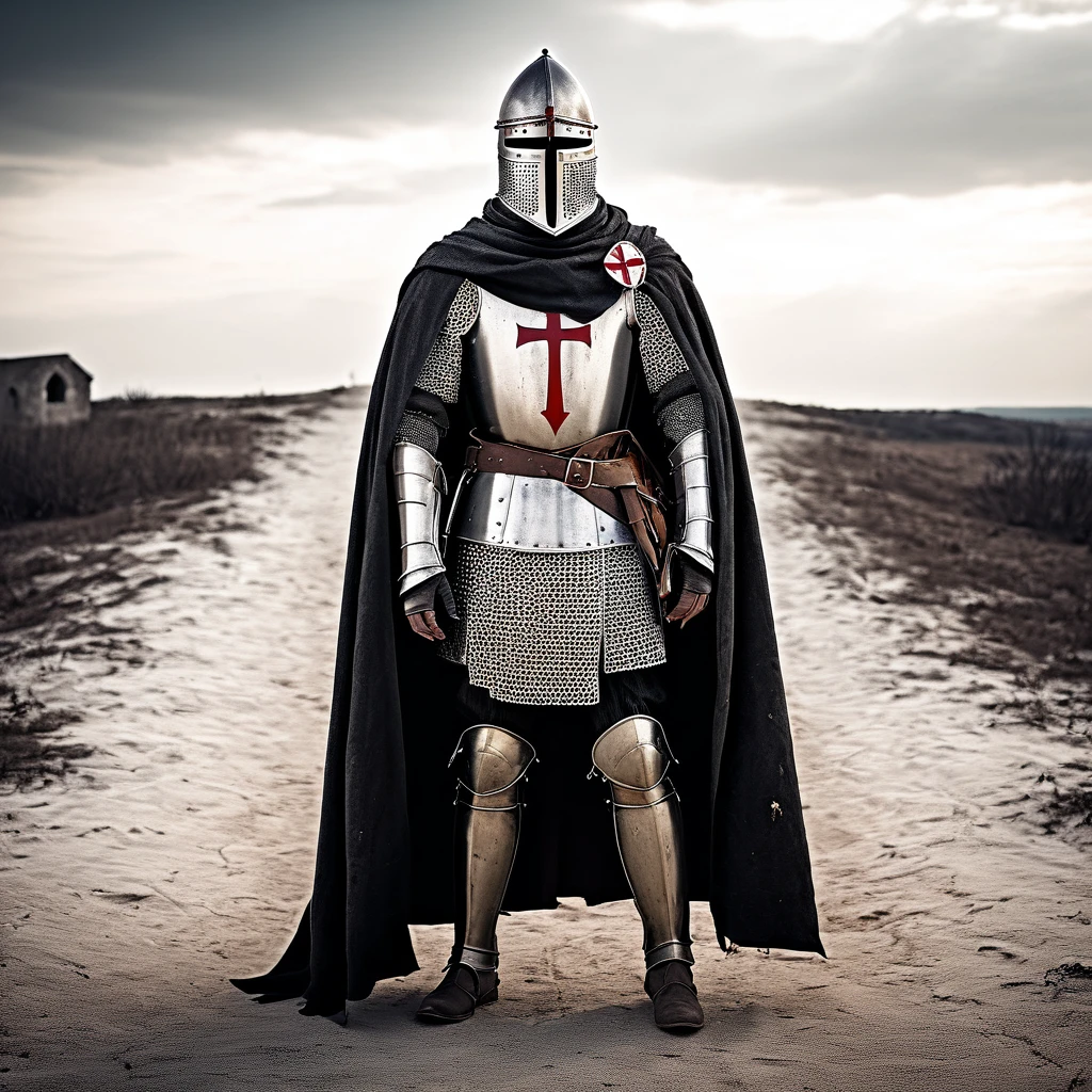 Male knight in templar armor in medieval style, with a Templar helmet and a cape covering her back in a completely desolate and emaciated setting by a medieval warrior