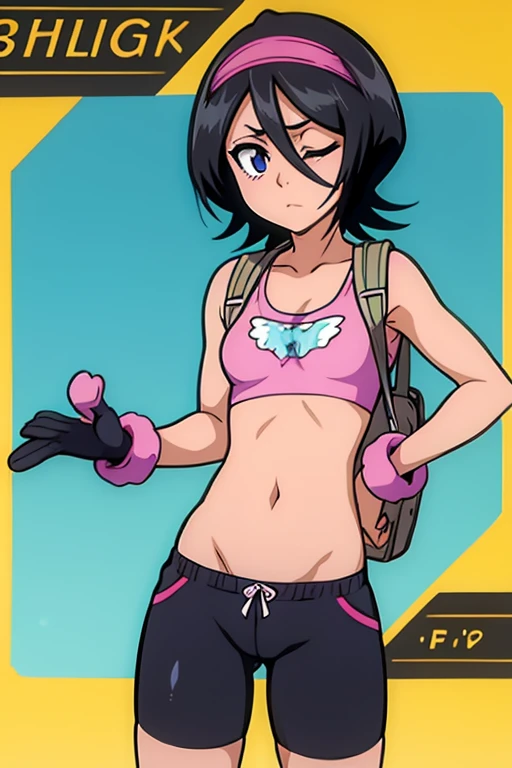 girl in spandex booty shorts, wearing oven mittens tucked in pockets, blindfold