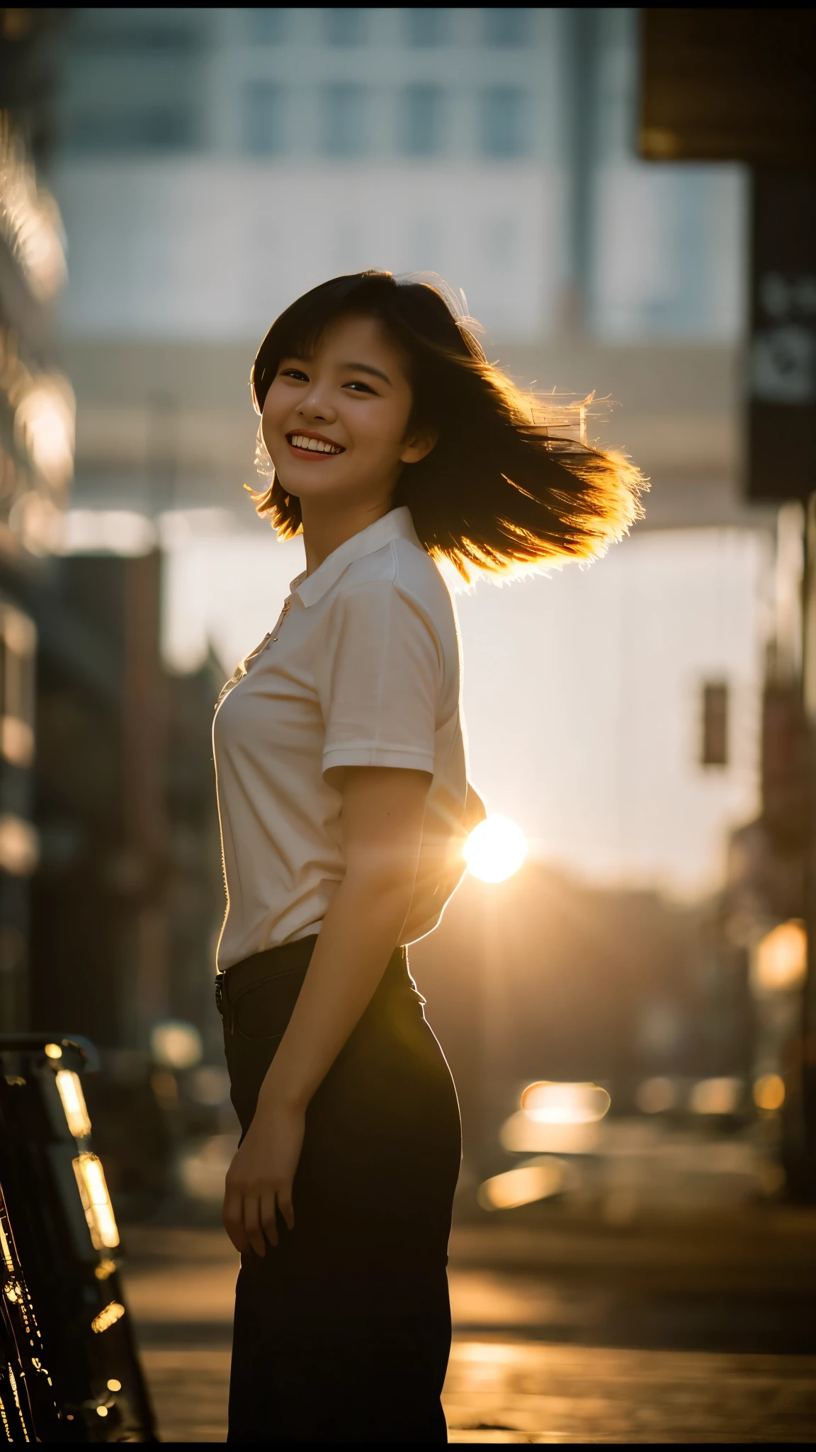 1 girl, 20 years old, (laughing:0.7), posing, look at a camera, complex city background, backlit, (cinematic:1.5), hyperdetailed, insane details, intricate details, accent lighting, soft volumetric light, bokeh, (dramatic light:1.2), (neutral colors:1.3), cross process