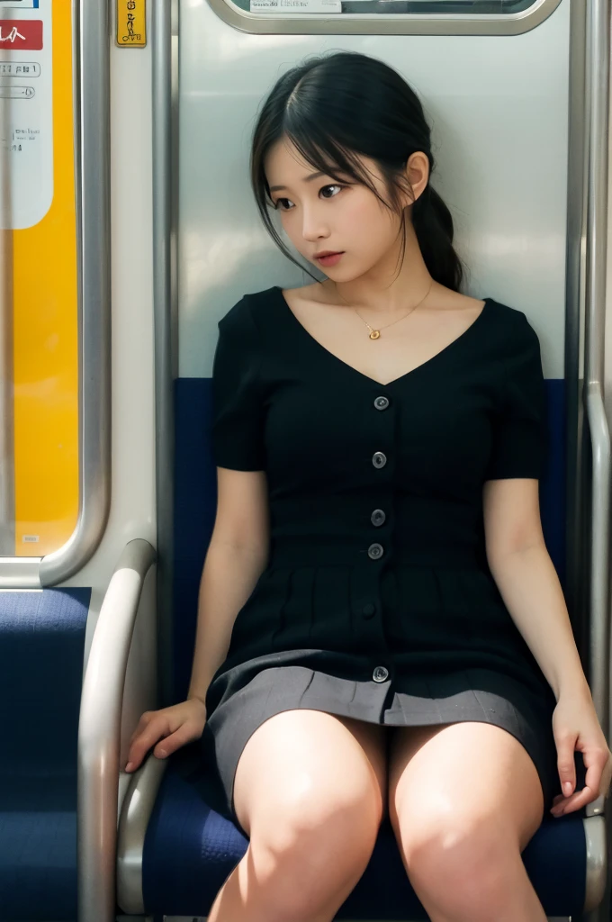 one japanese woman,(masterpiece, Highest quality, 8K, RAW Photos, beautifully、aesthetic:1.2),  Intricate details, indirect lighting, Realistic,
whole body, Sitting on a chair on the train、Staring at the viewers、Voyeur、
 Square neck button-down linen sundress, 
 Training women , Chair to sit under skirt,