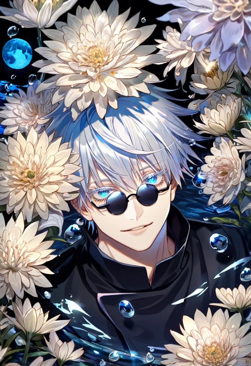 absurdres, highres, ultra detailed, HDR, master piece, Gojou Satoru, white hair with bangs, white eyelashes, expressive blue eyes, hair between the eyes, black shirt, Jujutsu Kaisen, man, handsome, best quality, blue moon, flowers, fantasy, magical, solo, water, blue shining fireflies, blue petals, Jujutsu Kaisen uniform, black round sunglasses, handsome smile