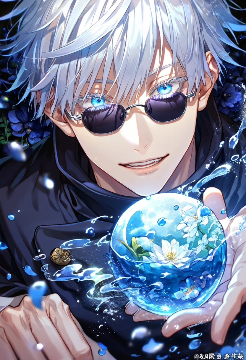 absurdres, highres, ultra detailed, HDR, master piece, Gojou Satoru, white hair with bangs, white eyelashes, expressive blue eyes, hair between the eyes, black shirt, Jujutsu Kaisen, man, handsome, best quality, blue moon, flowers, fantasy, magical, solo, water, blue shining fireflies, blue petals, Jujutsu Kaisen uniform, black round sunglasses, handsome smile