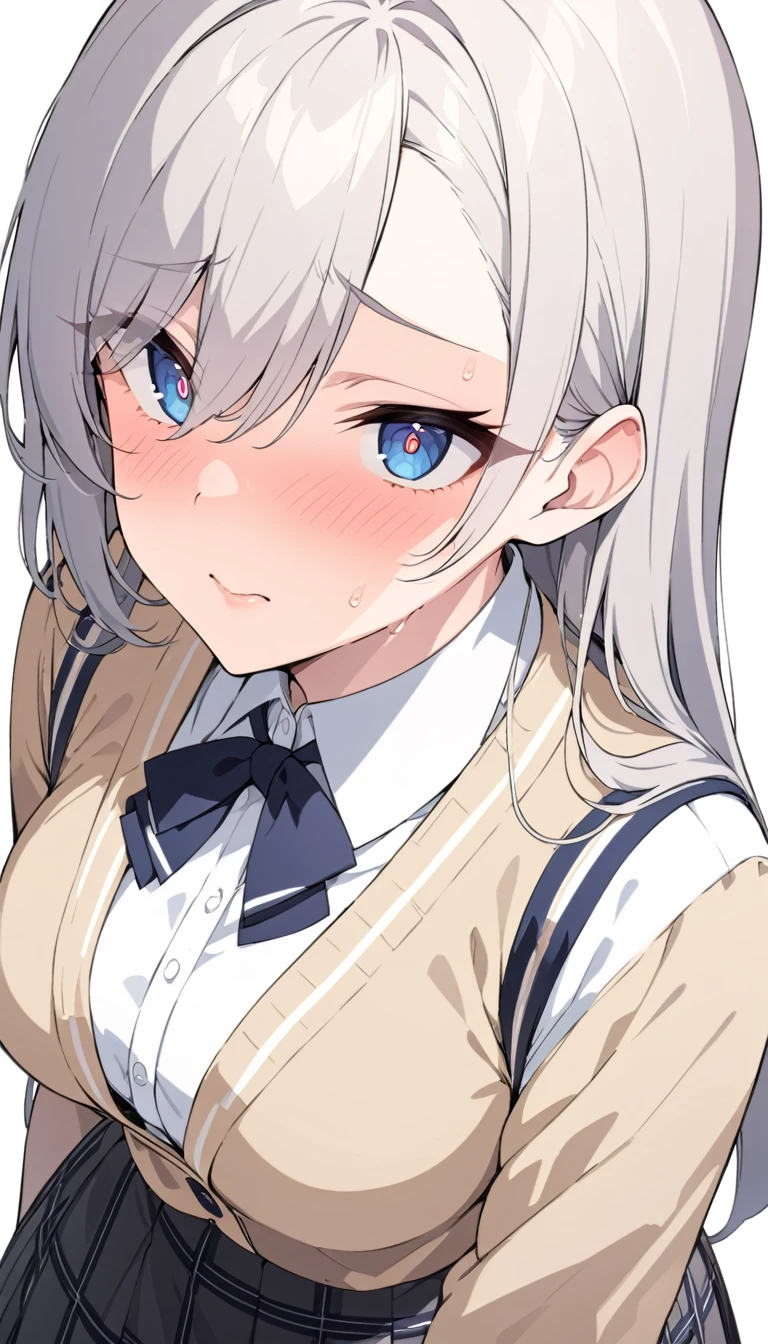 masterpiece, High resolution, perfect face, Japan beauties, 30 years old, beautiful face, white background, high school student, skirt, embarrassed look, look at the camera, (top quality eyes), detailed texture, Look at me, Married woman, cool women, ((high resolution eyes)), hentai
