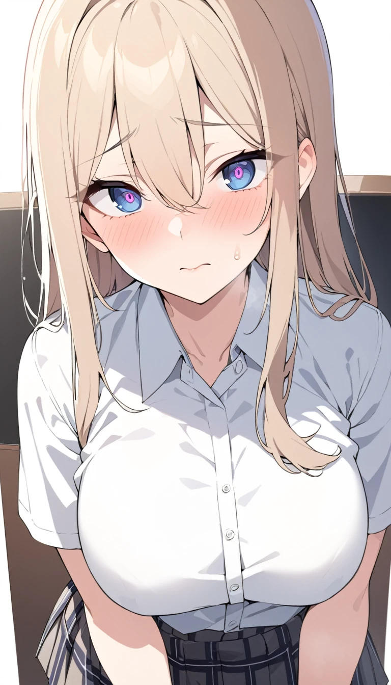 Blonde ponytail, medium , schoolgirl uniform, (blush: 2.5), (sweating: 2.5), tears, sweat, glowing eyes, bedroom background