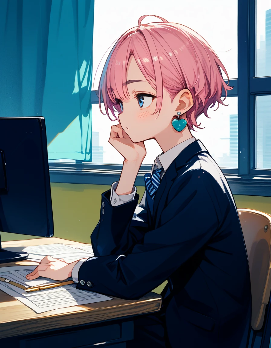 (score 10, score_9_up, score_8_up, score_7_up), ,, office background, simple background, side perspective, 1 skinny man sitting at the office desk, (from the side: 1.3), looking to the side, sitting,[[holding documents ]],pink hair,blue eyes,suit,(long_text_earrings ゆうま_on right ear),slightly flushed cheeks,neutral face,symmetrical eyebrows,shaded face,soft lighting,highres,4k,8k,autra high detailed,focus lens