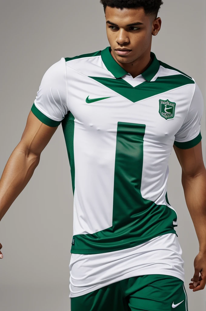 White football shirt with green vertical stripes and button collar with the Nike logo