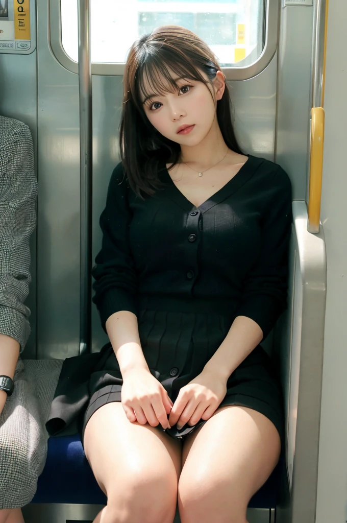 one japanese woman,(masterpiece, Highest quality, 8K, RAW Photos, beautifully、aesthetic:1.2), Intricate details, indirect lighting, Realistic,
whole body, Sitting on a chair on the train、Staring at the viewers、Voyeur、
Square neck button-down linen sundress,
Training women , Chair to sit under skirt,