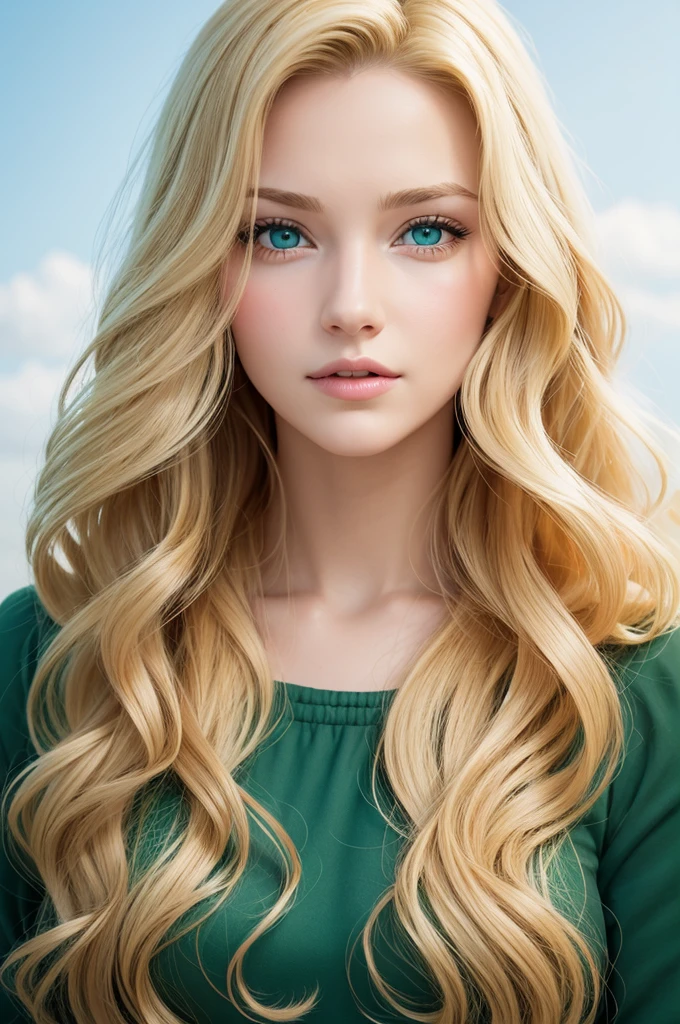 create a Disney-style drawing of a woman with wavy blonde hair, green eyes in various facial expressions