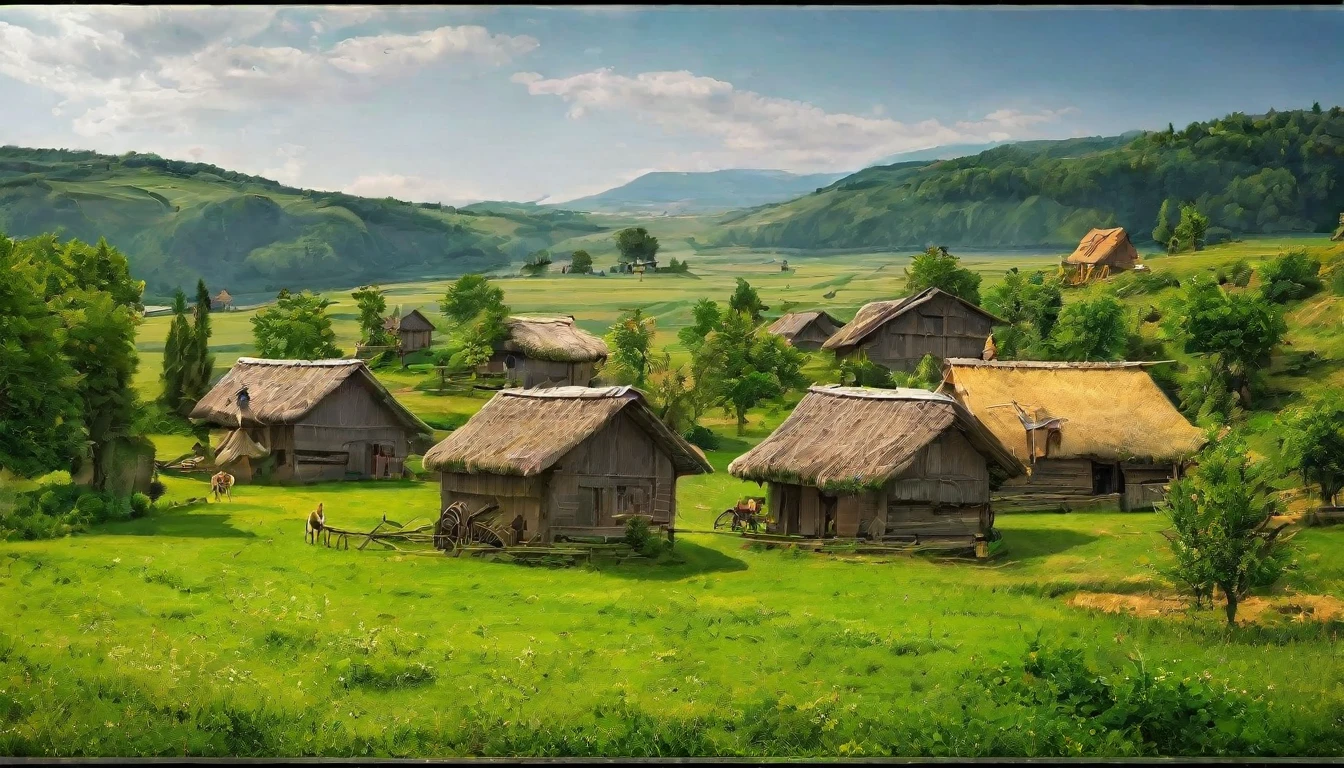 Masterpiece, Best Quality, Detailed, Ultra-HD, A Small Village, Full Village Shot, Beautiful Village, Small Small Houses, Grass Fields, Farms, Herds, Tress, Greenery, Warm Summer Day, Beautiful Village Shot 