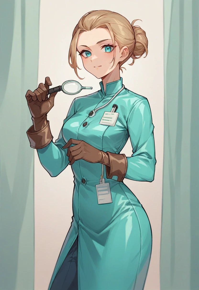1girl, ((brown gloves)), ((surgical gloves)), ((latex gloves)), ((long sleeves)), ((cyan surgeon outfit)), looking at viewer, ((cyan doctor outfit)), standing, solo