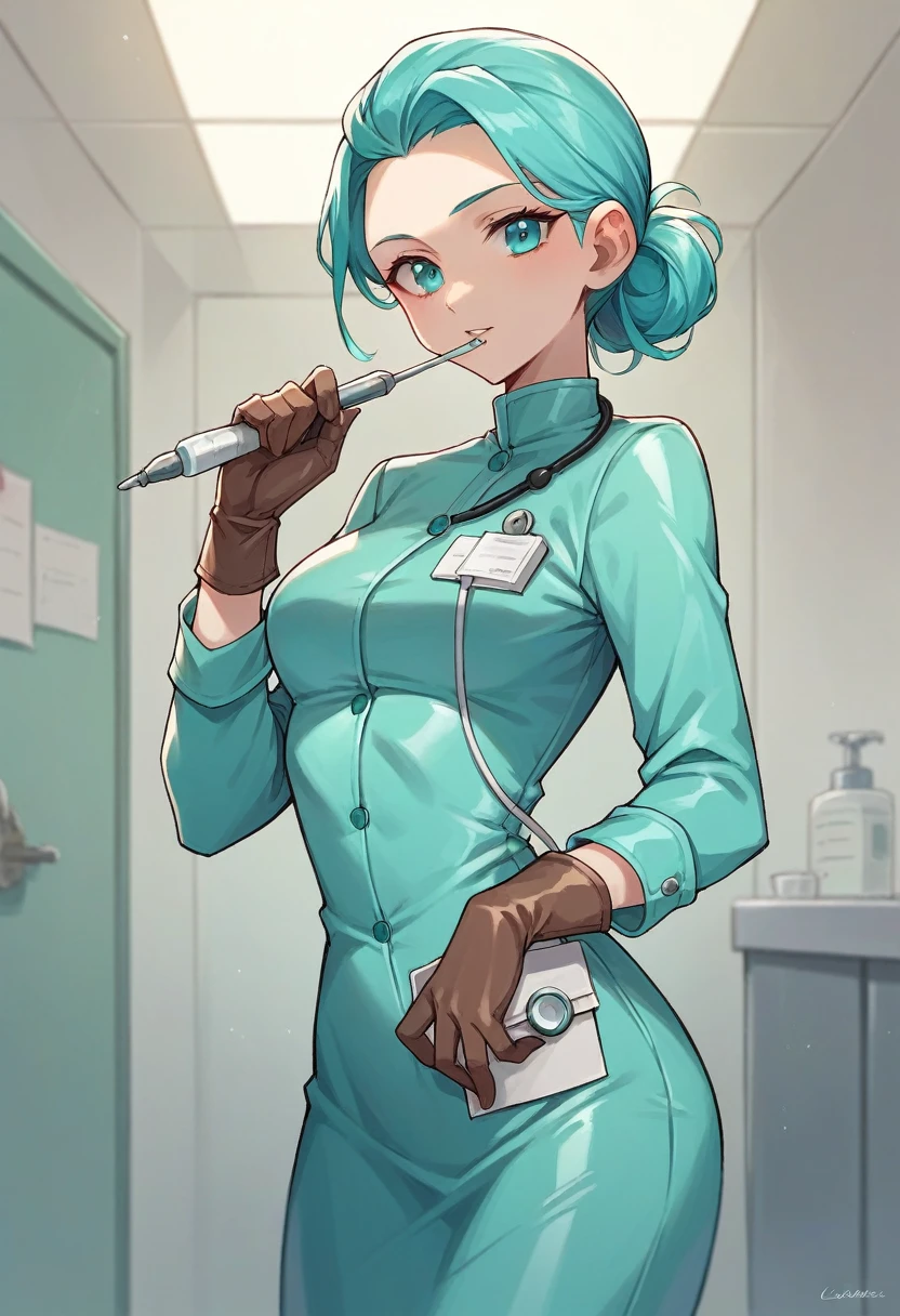 1girl, ((light blue elbow gloves)), ((surgical gloves)), ((latex gloves)), ((long sleeves)), ((green surgeon outfit)), ((doctor)), looking at viewer, standing, solo