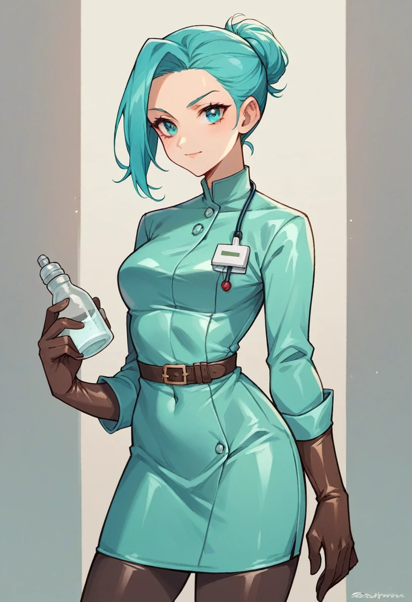 1girl, ((brown gloves)), ((surgical gloves)), ((latex gloves)), ((long sleeves)), ((cyan surgeon outfit)), looking at viewer, ((cyan doctor outfit)), standing, solo