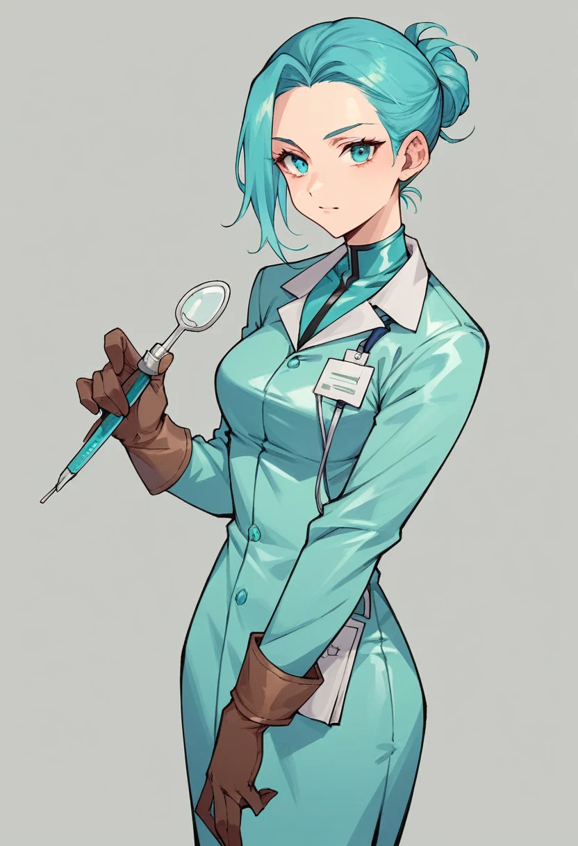 1girl, ((brown gloves)), ((surgical gloves)), ((latex gloves)), ((long sleeves)), ((cyan surgeon outfit)), looking at viewer, ((cyan doctor outfit)), standing, solo