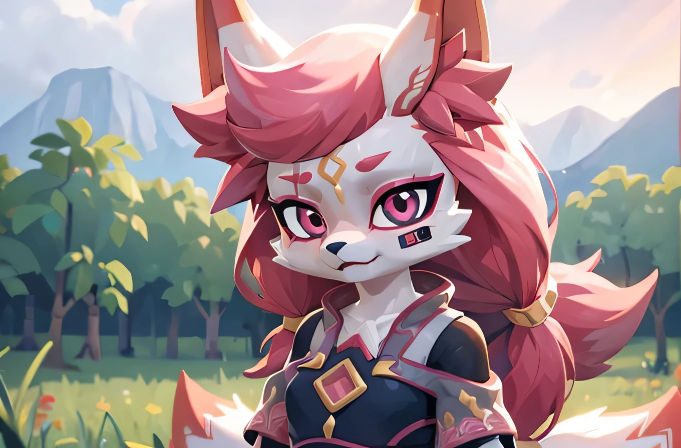 kimiko, furry female anthro, fox girl, white body fur, Pink hair, solo, body fur, (best quality), cinematic lighting, masterpiece, perfect hair, picnic