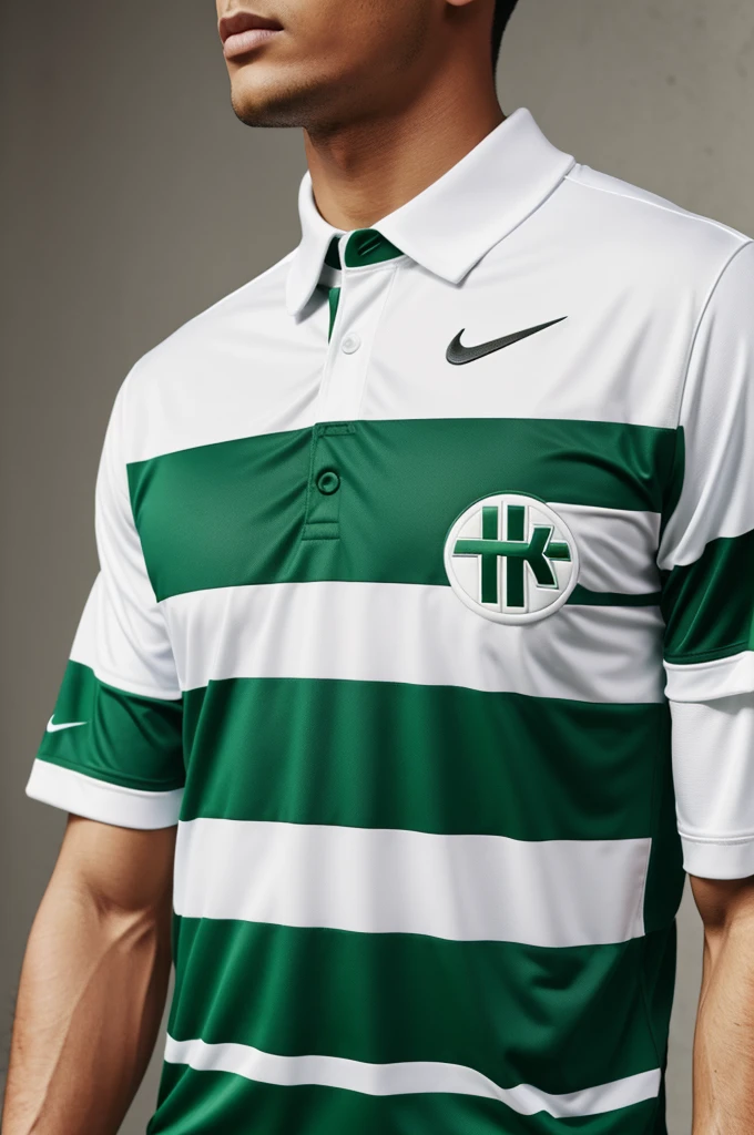 White football shirt with green vertical stripes and button collar with the Nike logo