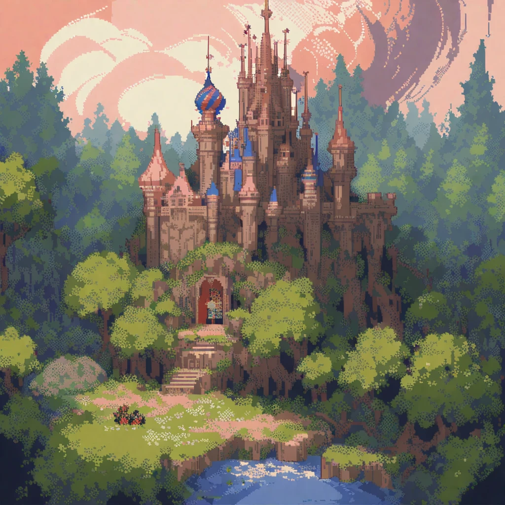 (work of art, best qualityer:1.2), pixel art,terrestrial space，Castle in the forest