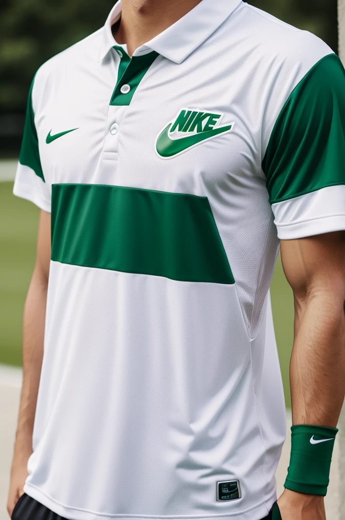 White football shirt with green vertical stripes and button collar with the Nike logo