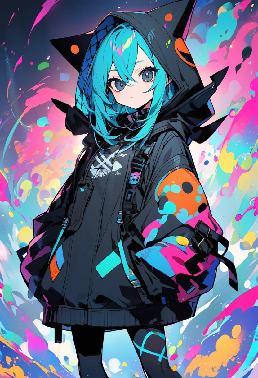 female boogie man with long cyan hair and black eyes with hood