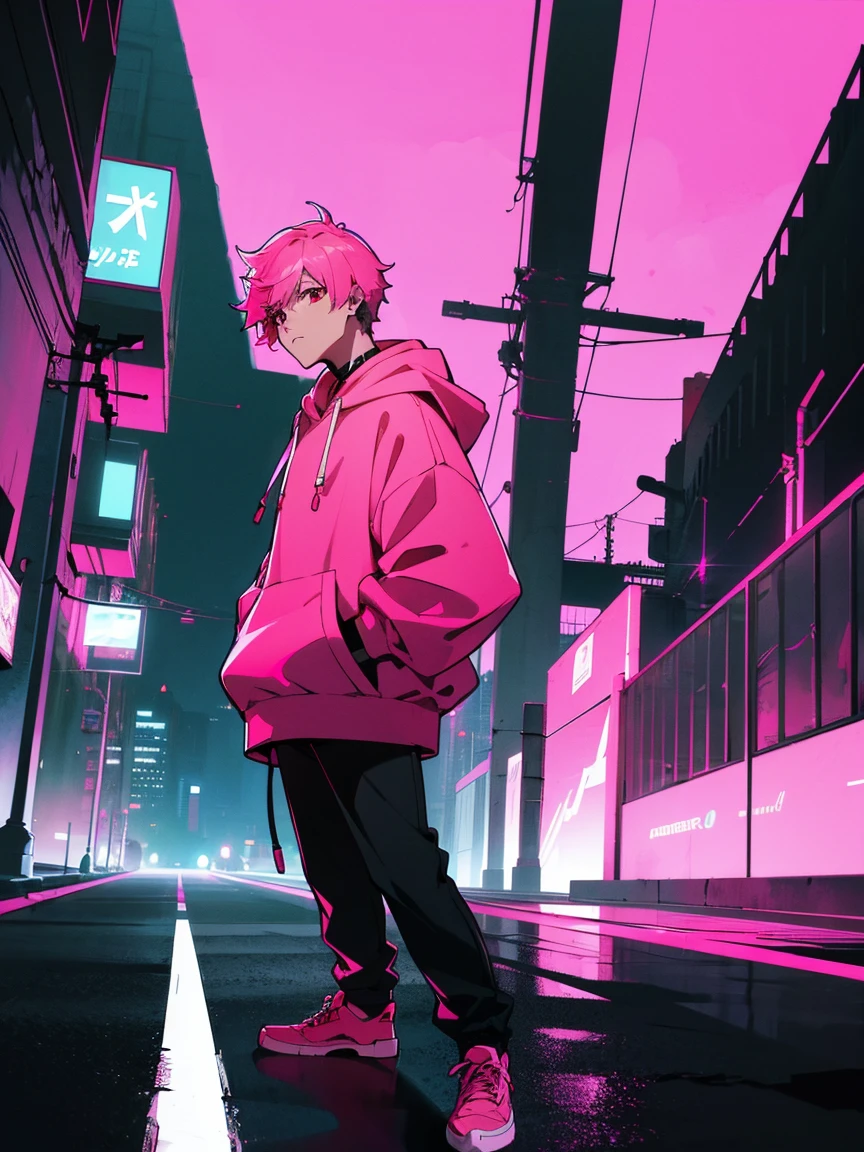 (shortcut), (two block hair), (bright pink hair), (male character), (red eyes), (cool pose), (top quality), (masterpiece), (Super detailed), (oversized hoodie), (Street style), (neon), (modern city), (neonデイライト), (cinematic), (stylish), (High resolution), (hyper-detailed), (soft town), (Nightcore), (a handsome guy), (wearing headphones), (natural appearance of the building), (casual), (IG studio anime style), (standing pose), (Camera from low angle from the front),  