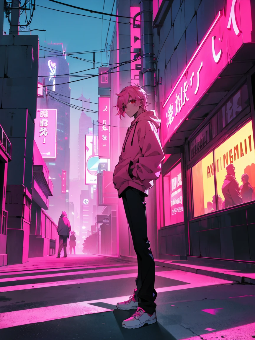 (shortcut), (two block hair), (bright pink hair), (male character), (red eyes), (cool pose), (top quality), (masterpiece), (Super detailed), (oversized hoodie), (Street style), (neon), (modern city), (neonデイライト), (cinematic), (stylish), (High resolution), (hyper-detailed), (soft town), (Nightcore), (a handsome guy), (wearing headphones), (natural appearance of the building), (casual), (IG studio anime style), (standing pose), (Camera from low angle from the front),  