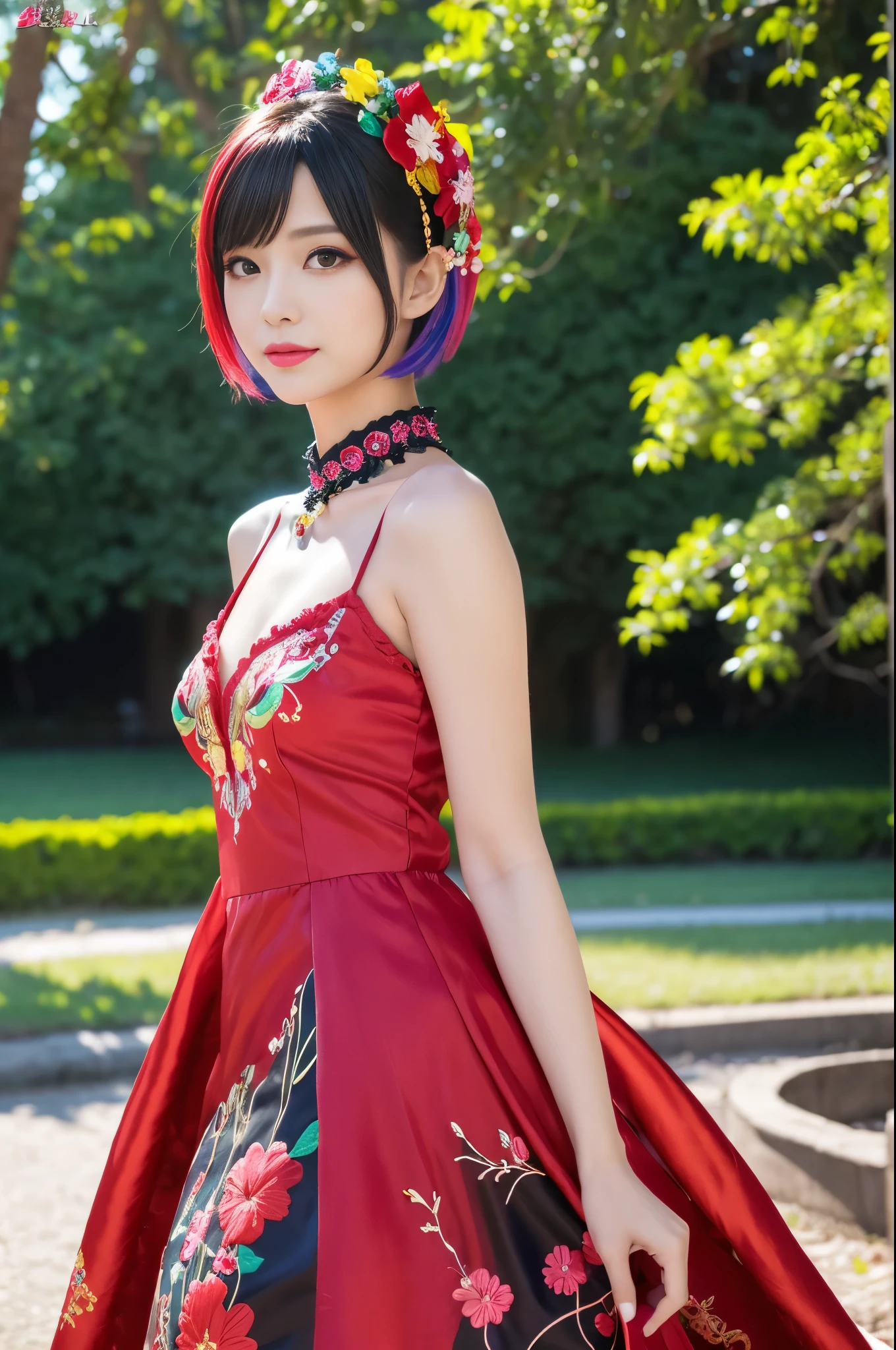 (masterpiece:1.4), (best quality:1.4), ultra high res, ultra high resolution, ((detailed facial features)), HDR, (realistic, photorealistic, photo-realistic:1.37), full body Esbian, sexy swedish model, (-anime), only 1 model, vivid colors, ((vivid colors multicolor very short hair)), beautiful smile, lip-gloss, long lashes, defined eyebrows, wearing large sparkling colorful jewelery, wearing a red silk Paradise Kiss cosplay dress with black floral embroidery, ((vivid colors outfit)), vivid colors, look at the camera, cinematic light, large park background with trees, sweet and sexy pose