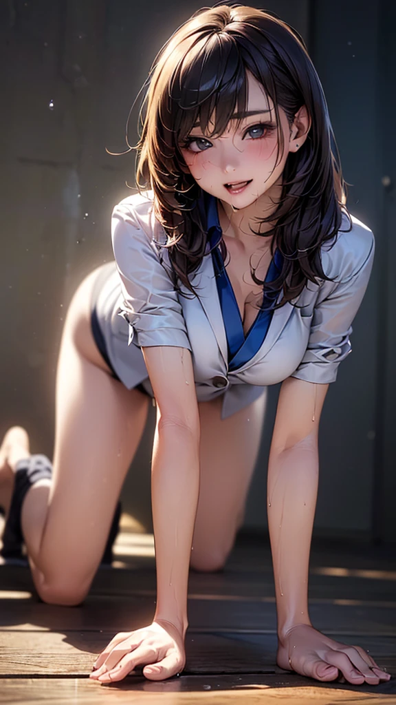 Woman in business suit and tie, The upper body is in a suit、Shirtless female businesswoman、Girl in a neat suit, Wear a business suit、((On all fours))、Insert a  in the shape of a male organ grasped by your hand into the female genitalia、(Shot diagonally from slightly behind the subject)、(Look back with just your face)、Lower the position of the face、Raise the position of the buttocks、((Ultra detailed face、Detailed lips、double eyelid)、((One Girl))、(はの真ん中で撃たれた、Female  is fully visible、your 、Pubic hair is black、Fine skin, Embarrassed expression, Blushed, Ah face, Please open your mouth as wide as possible, , Sticking out tongue、Ecstatic expression、Heavy breathing、sexual expression、、Spread your legs wide,(((Showing off female genitalia)))、,Female  is fully visible、The female  are wet and shiny、Low angle、Shot from the floor、((alone))、Highest quality、masterpiece、Ultra-high resolution、(Photorealistic:1.4)、Very detailed、Professional lighting smile、 masterpiece,Highest quality,Top,Japanesee mature、Japanese、Mature Woman、 Shooting in the middle、Female  is fully visible、Pubic hair is black、Spread your legs wide,(((your )))、((Open your legs)),Female  is fully visible、((alone))、Highest quality、masterpiece、Ultra-high resolution、(Photorealistic:1.4)、Very detailed、Octane Rendering、Water God、(Water droplets fall)、Wet clothes、Spread your legs,squat, The female  are exposed、Produce feces from  、Black hairs around