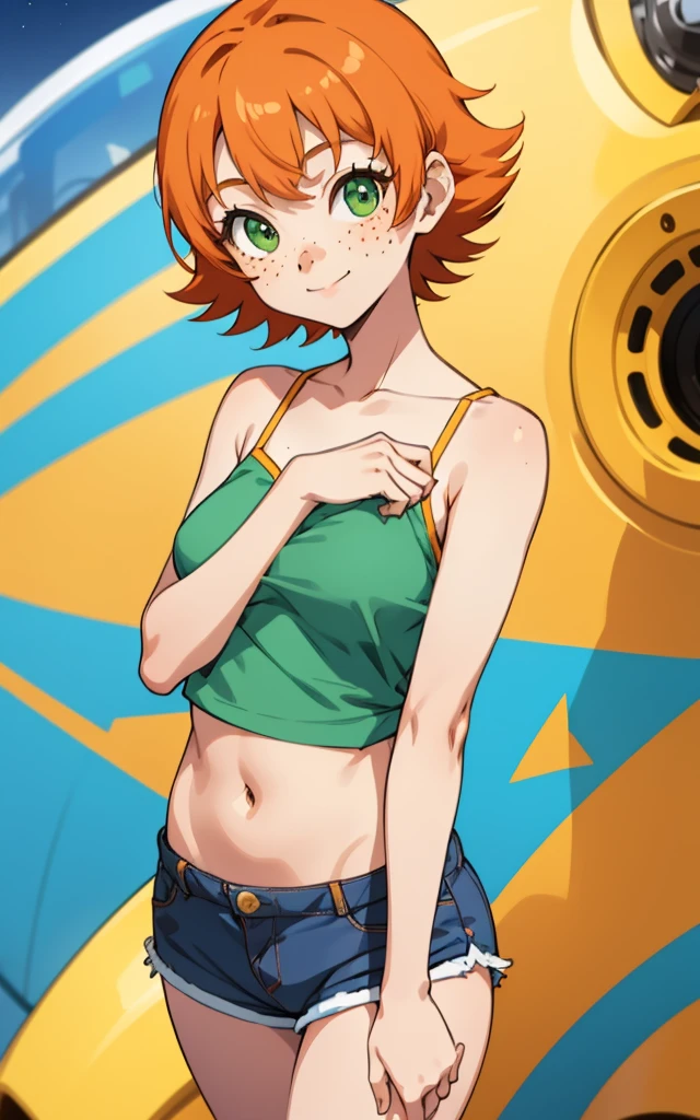 1girl, sxfrances, short hair, orange hair, green eyes, freckles, , blue_shirt, smile, solo, looking at viewer ,shorts,medium breasts,camisole,navel