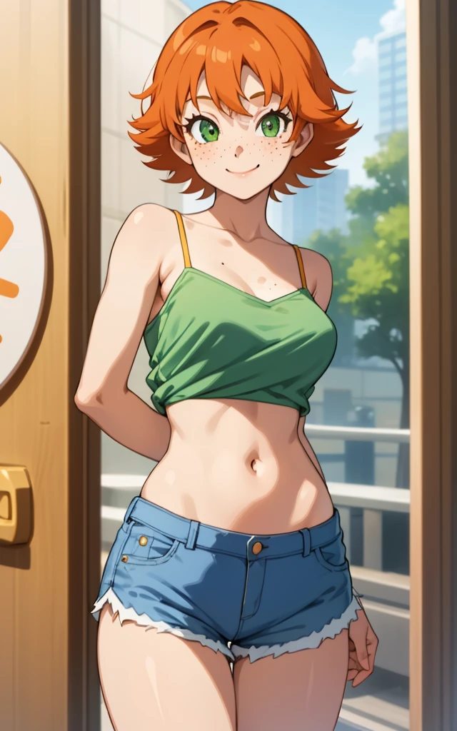 1girl, sxfrances, short hair, orange hair, green eyes, freckles, , blue_shirt, smile, solo, looking at viewer ,shorts,medium breasts,camisole,navel