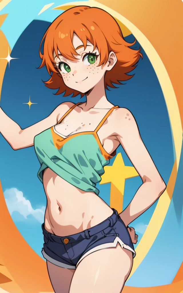 1girl, sxfrances, short hair, orange hair, green eyes, freckles, , blue_shirt, smile, solo, looking at viewer ,shorts,medium breasts,camisole,navel