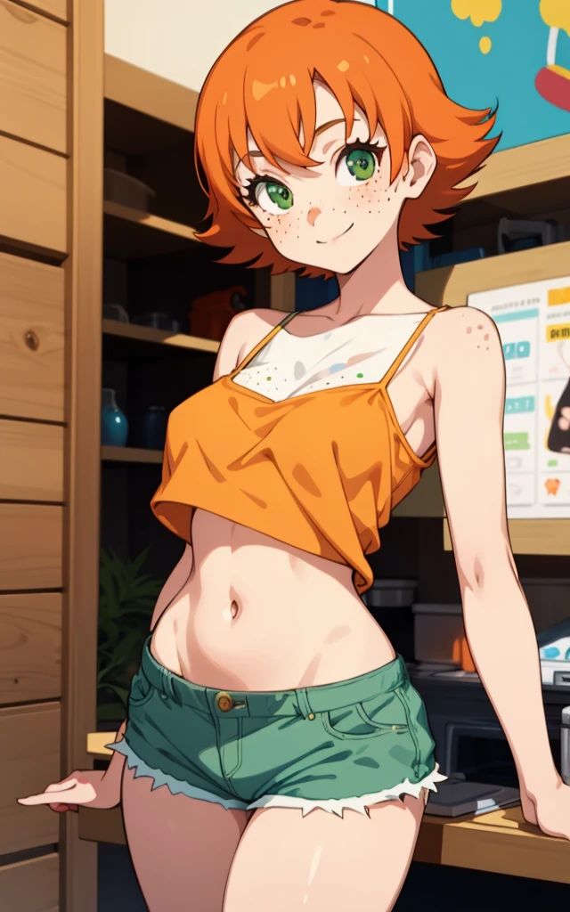 1girl, sxfrances, short hair, orange hair, green eyes, freckles, , blue_shirt, smile, solo, looking at viewer ,shorts,medium breasts,camisole,navel