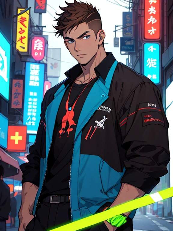 Man,, strong, tall, brown hair, black clothes with neon blue details, wears anime, charismatic, , short hair, playboy, cabelo ondulado, low fade
