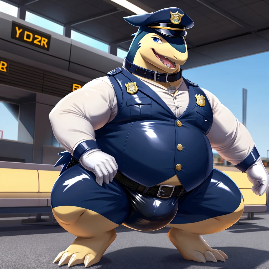 Solo, Male, fat, squatting, extremely obese, gentleman, dapper Typhlosion, pooping in diaper, blue eyes, (soft shading), 4k, hi res, ((detailed face, detailed)), looking at viewer, evil grin, Airport, TSA, TSA Uniform, collared shirt with buttons, hat, male focus, Police Uniform, glasses, monocle, vest with buttons, sleeves rolled up, round eyewear, headwear, vest, Typhlosion is wearing a glossy leather dog collar around the neck, Typhlosion is wearing the leather collar and shirt and vest at the same time, Typhlosion is wearing glossy white rubber gloves on the hands, wearing white rubber gloves on the feet, gloves are rubber in texture, mouth wide open, evil laugh, clenching fists, leather collar is glossy and shiny with a lot of detail, Typhlosion is wearing gloves and leather collar at the same time, leather collar has a round dog-tag, leather collar is thick and detailed, white rubber gloves on the feet, Typhlosion is wearing gloves and leather collar at the same time, leather collar has a round dog-tag, leather collar is thick and detailed, leather collar is glossy and shiny, fancy clothing, dapper vest, dapper shirt, leather collar is thick, glossy leather collar, Typhlosion is wearing a dirty diaper