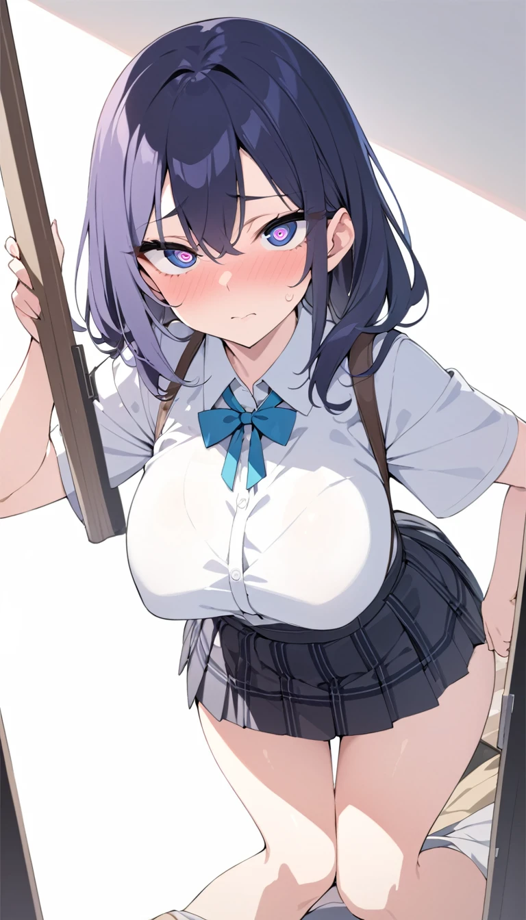 masterpiece, High resolution, perfect face, Japan beauties, 30 years old, beautiful face, white background, high school student, skirt, embarrassed look, look at the camera, (top quality eyes), detailed texture, Look at me, Married woman, cool women, ((high resolution eyes)), hentai