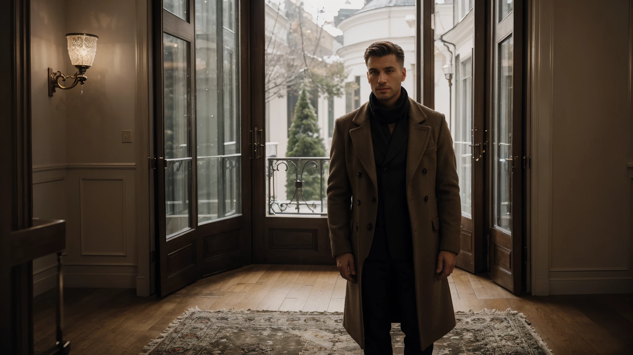 Dmitry Ivanov photographed in his luxurious home in Moscow, standing in front of a large window showing a well-kept garden. with overcoat and scarf on street corner, wearing an overcoat, wearing an overcoat, wearing a light brown overcoat, wearing an overcoat, wearing a long beige overcoat, handsome man, overcoat and suit, overcoat, handsome man, overcoat, he's wearing a black overcoat, winter, snow, moscow, motherboard, realistic, HD, sharp, rich details, ultra detailed, ultra textures, highest resolution, highest contrast, highest quality models, local light, down light, side light, leaky light, back light, edge light, film light, depth of field, bokeh, cinematic, panorama, full size. 8 k, ultra realisti