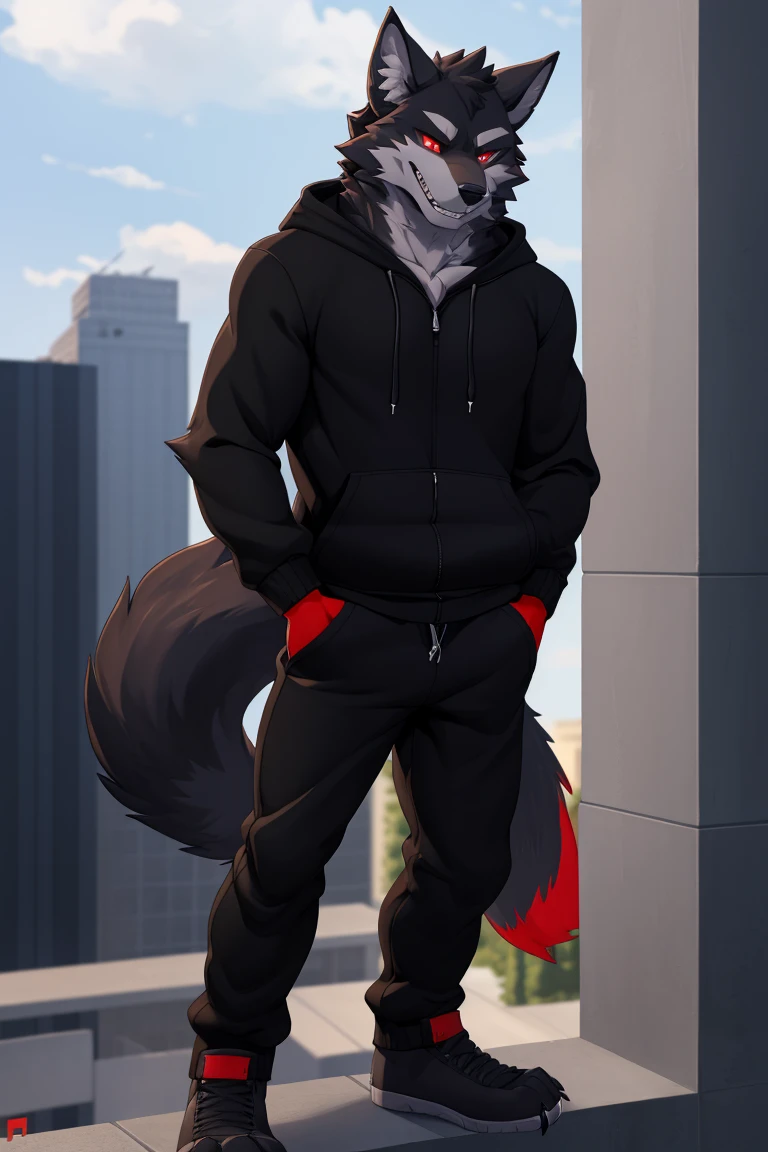 (4k , ultra detailed , flat colored)Furry werewolf , black wolf,Wear a black zip up hoodie,((hoodie is open)) , dark grey pants , wolf feet , wolf tail , 1tail , tail on waist , malicious grin , blood red eyes , standing over a building ledge