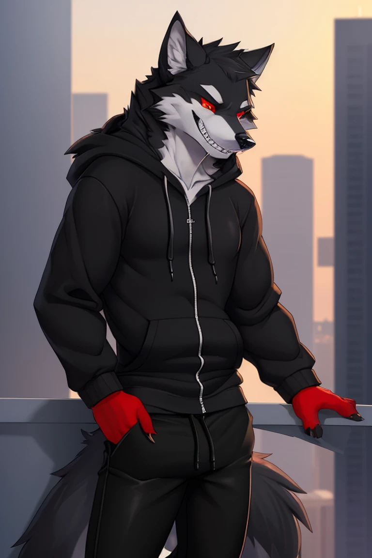 (4k , ultra detailed , flat colored)Furry werewolf , black wolf,Wear a black zip up hoodie,((hoodie is open)) , dark grey pants , wolf feet , wolf tail , 1tail , tail on waist , malicious grin , blood red eyes , standing over a building ledge