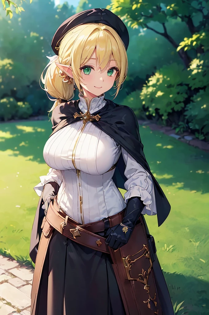 (((masterpiece; best quality: 1.2))), (finely detailed eyes: 1.3), (25 year old elf woman), (solo), (green eyes: 1.4), (body; big breasts, fit, femenine: 1.3), (silky blonde hair in low ponytail: 1.3), (beautiful and clear background: 1.2), ((depth of field)), (equipment: adventurer garb + modest + elegant wide-brim hat + dark blouse + dark long cape + black long skirt + gloves + belt + pouches: 1.3), (anime illustration: 1.2), (background composition; royal garden: 1.1), (extremely fine and beautiful: 1.1), (shot composition; standing + centered on torso + close-up: 1.5), (expression; calm, smile: 1.2)