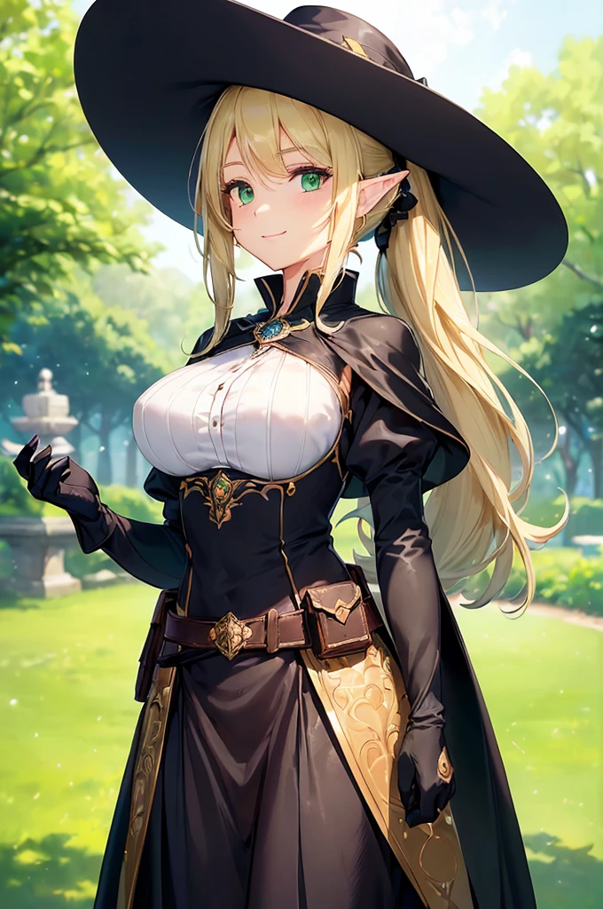 (((masterpiece; best quality: 1.2))), (finely detailed eyes: 1.3), (25 year old elf woman), (solo), (green eyes: 1.4), (body; big breasts, fit, femenine: 1.3), (silky blonde hair in low ponytail: 1.3), (beautiful and clear background: 1.2), ((depth of field)), (equipment: adventurer garb + modest + elegant wide-brim hat + dark blouse + dark long cape + black long skirt + gloves + belt + pouches: 1.3), (anime illustration: 1.2), (background composition; royal garden: 1.1), (extremely fine and beautiful: 1.1), (shot composition; standing + centered on torso + close-up: 1.5), (expression; calm, smile: 1.2)