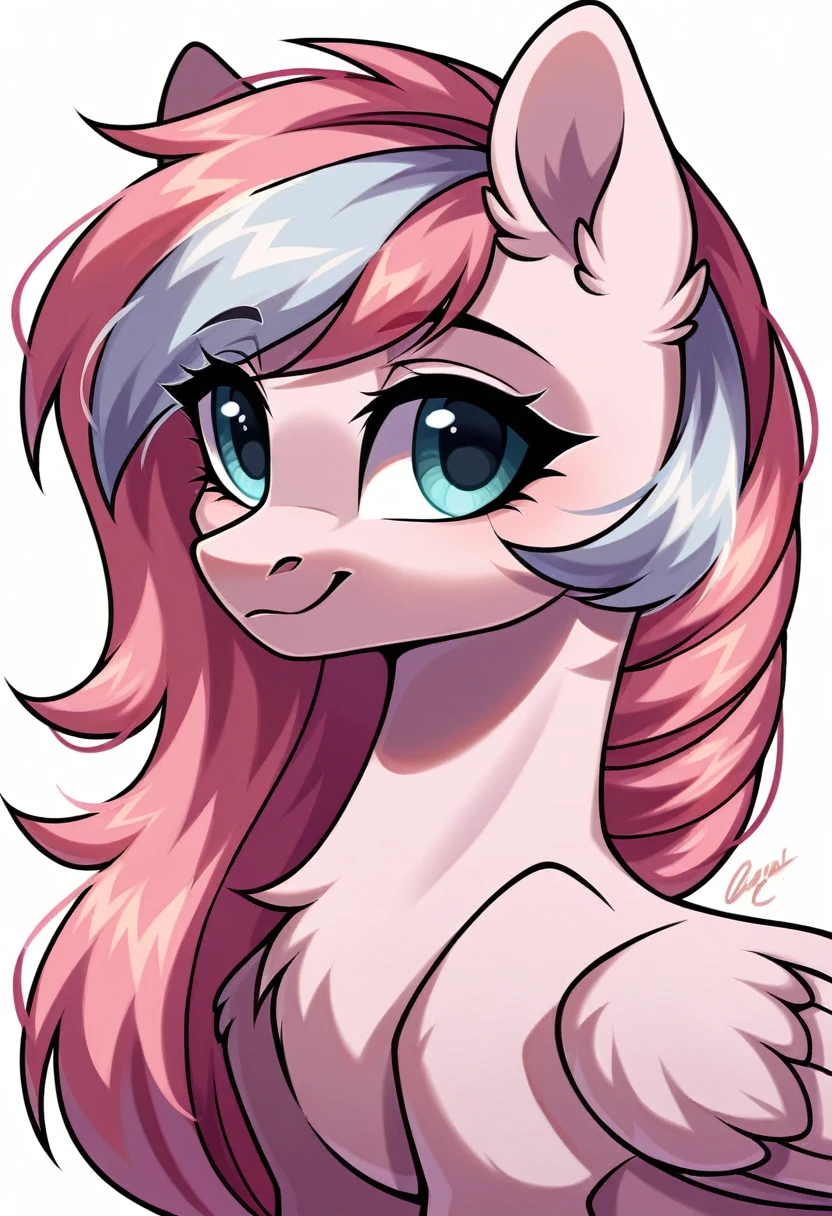 rating_safe, score_9, a cute mare, fluffy, light pink body, bicolour mane, silver and pink two-tone hair, pegasus pony, white background, portrait