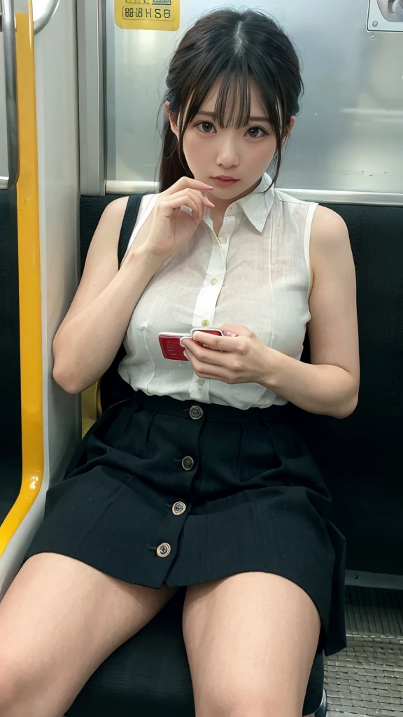 one japanese woman,(masterpiece, Highest quality, 8K, RAW Photos, beautifully、aesthetic:1.2),  Intricate details, indirect lighting, Realistic,
whole body, Sitting on a chair on the train、Staring at the viewers、Voyeur、
 Square neck button-down linen sundress, 
 Training women , Chair to sit under skirt,